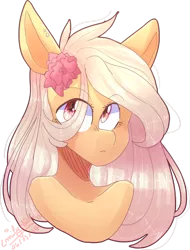 Size: 1024x1349 | Tagged: safe, artist:emily-826, derpibooru import, applejack, pony, alternate eye color, bust, flower, flower in hair, portrait, simple background, solo, transparent background