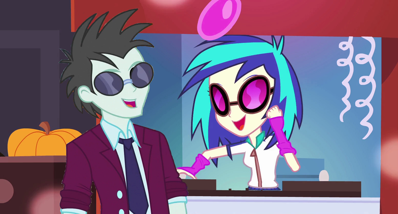 Size: 1556x840 | Tagged: safe, artist:themexicanpunisher, derpibooru import, edit, edited screencap, screencap, neon lights, rising star, vinyl scratch, equestria girls, female, male, shipping, straight, vinylights