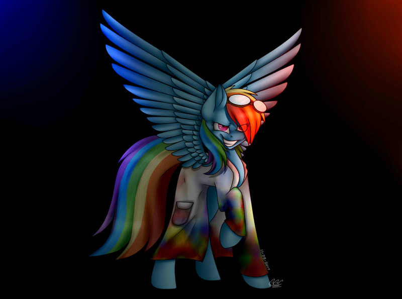 Size: 1525x1134 | Tagged: semi-grimdark, artist:ggchristian, derpibooru import, rainbow dash, pegasus, pony, fanfic:rainbow factory, clothes, goggles, lab coat, rainbow factory dash, solo