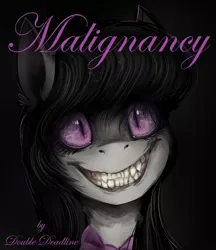 Size: 678x784 | Tagged: source needed, semi-grimdark, artist:cyanocitta, artist:jitterbugjive, derpibooru import, octavia melody, earth pony, pony, fanfic, bowtie, bust, collaboration, commission, creepy, creepy smile, dark background, fanfic art, fanfic cover, grin, looking at you, portrait, sharp teeth, slasher smile, slit eyes, smiling, teeth