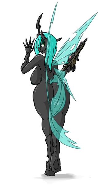 Size: 921x1650 | Tagged: questionable, artist:drakecreator, derpibooru import, queen chrysalis, anthro, unguligrade anthro, ass, assault rifle, big breasts, breasts, busty queen chrysalis, curved horn, curvy, female, gun, hourglass figure, kriss vector, looking at you, looking back, looking back at you, nipples, nudity, rifle, simple background, solo, solo female, weapon, white background, wide hips, wings