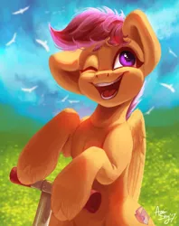 Size: 1791x2259 | Tagged: safe, artist:amishy, derpibooru import, scootaloo, bird, pegasus, pony, big ears, female, filly, one eye closed, open mouth, scooter, smiling, solo, unshorn fetlocks, wink