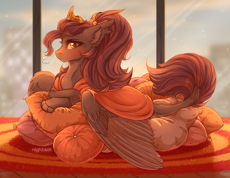 Size: 2500x1940 | Tagged: artist:nightskrill, blanket, blushing, carpet, chest fluff, crown, derpibooru import, ear fluff, female, fluffy, hybrid, jewelry, looking at you, mare, oc, oc:shadowgale, original species, pillow, regalia, safe, solo, unofficial characters only, window, wings, yellow eyes