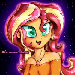 Size: 3000x3000 | Tagged: safe, artist:katakiuchi4u, derpibooru import, sunset shimmer, equestria girls, blushing, bust, clothes, cute, female, open mouth, patreon, patreon logo, shimmerbetes, shoulderless, smiling, solo, strapless