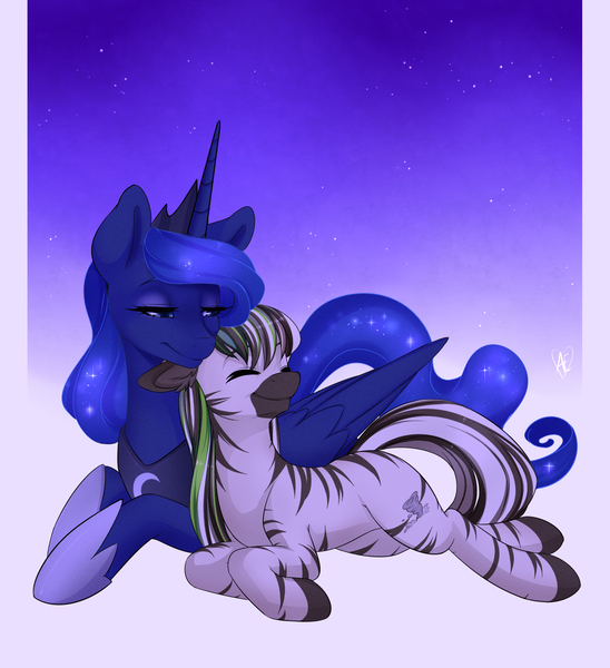 Size: 1649x1806 | Tagged: safe, artist:spittfireart, derpibooru import, princess luna, oc, oc:jack hyperfreak, alicorn, zebra, canon x oc, jackuna, nuzzling, size difference, zebra oc