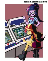 Size: 1800x2300 | Tagged: safe, artist:rvceric, derpibooru import, sci-twi, sunset shimmer, trixie, twilight sparkle, equestria girls, equestria girls series, arcade, arcade cabinet, boots, bowtie, clothes, gamer sunset, gaming, glasses, hairtie, high heel boots, ponytail, shoes, sitting, skirt, stool, sunset gamer, sweat, sweatdrop, video game