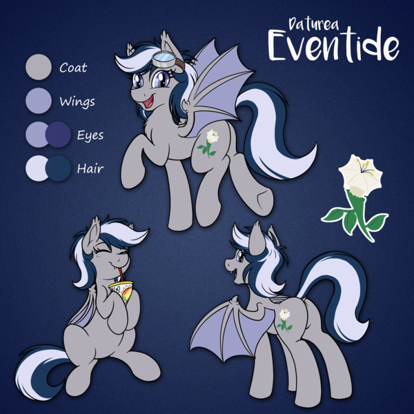 Size: 4000x4000 | Tagged: safe, artist:sugaryviolet, derpibooru import, oc, oc:daturea eventide, unofficial characters only, bat pony, bat pony oc, commission, cute, drinking, female, food, goggles, hoof hold, juice, mango, mare, plot, reference sheet, underhoof