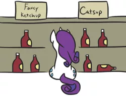 Size: 492x381 | Tagged: safe, artist:jargon scott, derpibooru import, rarity, pony, unicorn, both cutie marks, catsup, female, food, indecision, ketchup, loss (meme), mare, rarity looking at food, rear view, sauce, simple background, simpsons did it, sitting, solo, the simpsons, white background