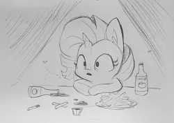 Size: 1499x1069 | Tagged: safe, artist:tjpones, derpibooru import, rarity, fly, pony, unicorn, catsup, cute, ear fluff, existential crisis, female, food, french fries, grayscale, ketchup, lineart, monochrome, raribetes, sauce, sketch, solo, traditional art