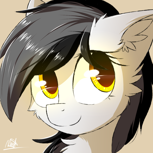 Size: 1000x1000 | Tagged: safe, artist:morningbullet, derpibooru import, oc, oc:noot, unofficial characters only, earth pony, pony, bust, cheek fluff, chest fluff, cute, ear fluff, female, fluffy, looking back, mare, ocbetes, portrait, signature, simple background, smiling, solo