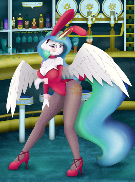 Size: 1482x2000 | Tagged: suggestive, artist:pentoolqueen, derpibooru import, princess celestia, anthro, alcohol, arm under breasts, bedroom eyes, beer, blushing, breasts, bunny ears, bunny suit, bunnylestia, busty princess celestia, cleavage, clothes, cuffs (clothes), drink, drunk, drunklestia, female, glowing horn, high heels, image, jpeg, leotard, looking at you, pantyhose, playboy bunny princess celestia, shoes, smiling, solo, solo female, stupid sexy celestia