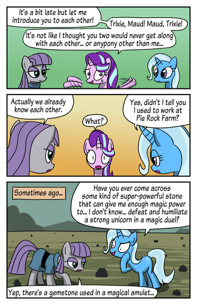 Size: 550x850 | Tagged: safe, artist:acidemerald, derpibooru import, maud pie, starlight glimmer, trixie, earth pony, pony, unicorn, rock solid friendship, comic, dialogue, female, implied alicorn amulet, implied twilight sparkle, lidded eyes, mare, rock, rock farm, shrunken pupils, sweat