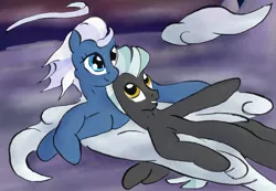 Size: 1565x1080 | Tagged: safe, artist:welkin-draws, derpibooru import, night glider, thunderlane, pegasus, pony, cloud, female, grin, hanging out, hooves, lying on a cloud, male, mare, on a cloud, smiling, stallion, wings
