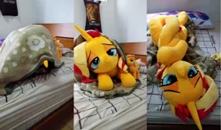 Size: 2036x1200 | Tagged: safe, artist:nekokevin, derpibooru import, applejack, fluttershy, sunset shimmer, twilight sparkle, earth pony, pegasus, pony, unicorn, bed, bedroom eyes, bedsheets, body pillow, female, irl, life size, looking at you, lying down, mare, on back, photo, pillow, plushie, prone, size difference, smiling, upside down