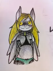 Size: 765x1024 | Tagged: artist:ferrettea, bipedal, blushing, clothes, derpibooru import, derpy hooves, fishnets, panties, suggestive, traditional art, underwear