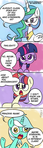 Size: 500x1714 | Tagged: safe, artist:emositecc, derpibooru import, lyra heartstrings, moondancer, princess celestia, twilight sparkle, alicorn, pony, unicorn, comic, derp, dialogue, faic, female, filly, filly lyra, filly moondancer, filly twilight sparkle, floppy ears, mare, open mouth, smiling, younger