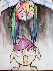 Size: 1280x1714 | Tagged: artist:ferrettea, blood, creepy, derpibooru import, dripping, fanfic:rainbow factory, rainbow dash, scootaloo, semi-grimdark, traditional art, watercolor painting