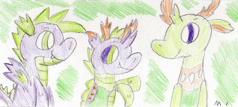 Size: 1034x466 | Tagged: artist:ptitemouette, changedling, changeling, derpibooru import, dragon, family, gay, interspecies offspring, king thorax, magical gay spawn, male, next generation, oc, oc:love bug, parent:spike, parents:thoraxspike, parent:thorax, safe, shipping, spike, thorax, thoraxspike