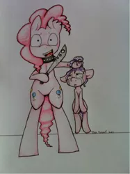 Size: 715x957 | Tagged: semi-grimdark, artist:ferrettea, derpibooru import, diamond tiara, pinkie pie, earth pony, pony, abuse, bipedal, both cutie marks, choker, crying, female, foal abuse, hoof hold, knife, mare, pinkie prick, tiarabuse, traditional art