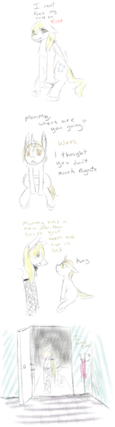 Size: 647x2400 | Tagged: artist:ferrettea, comic, derpibooru import, derpy hooves, dinky hooves, female, fishnets, mother and daughter, prostitution, sad, semi-grimdark