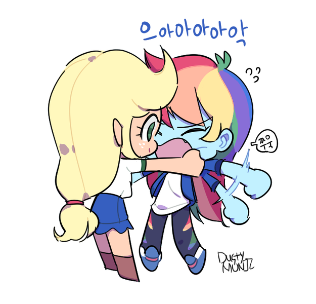 Size: 715x686 | Tagged: safe, artist:dusty-munji, derpibooru import, applejack, rainbow dash, equestria girls, appledash, cheek pinch, chibi, clothes, cute, dashabetes, duo, eyes closed, female, jackabetes, korean, lesbian, multicolored hair, shipping, simple background, smiling