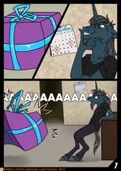 Size: 905x1280 | Tagged: safe, artist:sunny way, derpibooru import, oc, oc:saitudon, unofficial characters only, anthro, unicorn, comic:the gift comic, box, calendar, comic, present, rcf community, screaming
