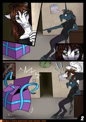 Size: 905x1280 | Tagged: safe, artist:sunny way, derpibooru import, oc, oc:saitudon, oc:sunny way, unofficial characters only, comic:the gift comic, box, calendar, comic, feather, present, rcf community, shocked, wings