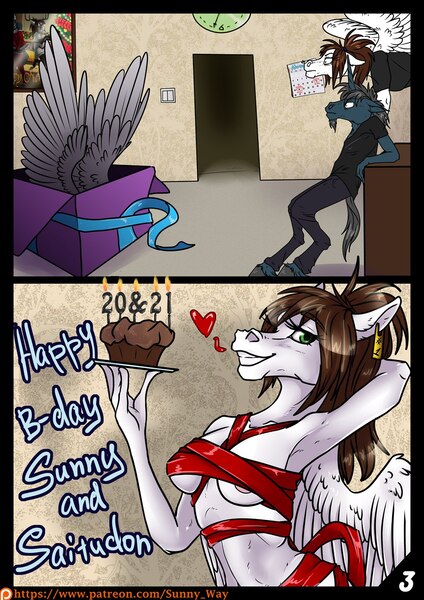 Size: 905x1280 | Tagged: questionable, artist:sunny way, derpibooru import, oc, oc:saitudon, oc:sunny way, unofficial characters only, anthro, pegasus, unicorn, comic:the gift comic, arm behind head, armpits, birthday, birthday cake, box, breasts, cake, calendar, candle, clone, comic, feather, food, nipples, nudity, present, rcf community, ribbon, wings