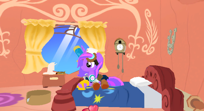 Size: 686x372 | Tagged: 3d, bed, derpibooru import, golden oaks library, legends of equestria, oc, oc:wonder sparkle, safe, sitting, solo, tried, unofficial characters only