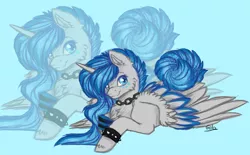 Size: 1280x792 | Tagged: safe, artist:gela98, derpibooru import, oc, unofficial characters only, alicorn, pony, alicorn oc, blue, digital, female, gray, mare, prone, sketch, solo, spiked wristband, wristband, zoom layer