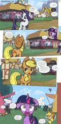 Size: 3000x6050 | Tagged: safe, artist:perfectblue97, derpibooru import, apple bloom, applejack, bon bon, lyra heartstrings, rarity, sweetie drops, twilight sparkle, oc, pony, comic:shadows of the past, burger, comic, floppy ears, food, hay burger, ponyville, royal guard, silhouette, toy