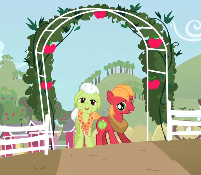 Size: 1092x950 | Tagged: safe, derpibooru import, screencap, big macintosh, granny smith, earth pony, pony, the cutie mark chronicles, colt, cropped, duo, female, grandmother and grandchild, male, mare, younger