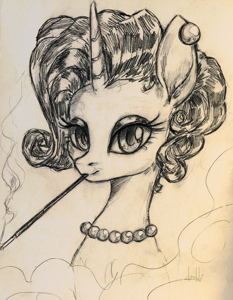 Size: 810x1046 | Tagged: safe, artist:dumddeer, derpibooru import, rarity, unicorn, cigarette, female, solo, traditional art