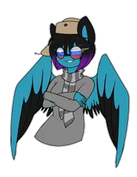 Size: 1401x1807 | Tagged: anthro, artist:despotshy, clothes, derpibooru import, female, hat, mare, oc, oc:despy, pegasus, safe, scarf, simple background, solo, sunglasses, sweater, transparent background, unofficial characters only, ushanka