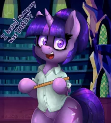 Size: 1312x1449 | Tagged: safe, artist:duop-qoub, artist:pabbley, derpibooru import, twilight sparkle, twilight sparkle (alicorn), alicorn, pony, descended twilight, alternate hairstyle, bipedal, clothes, collaboration, dialogue, female, hair bun, imminent spanking, implied femdom, looking at you, mare, open mouth, ruler, shirt, shrunken pupils, smiling, solo, this will end in pain, twilight's castle, wide hips