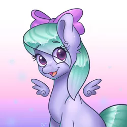 Size: 3543x3543 | Tagged: safe, artist:pitchyy, derpibooru import, flitter, pegasus, pony, background pony, bow, cute, ear fluff, eye clipping through hair, eyebrows, female, flitterbetes, floating wings, gradient background, hair bow, looking at you, mare, open mouth, sitting, small wings, smiling, solo