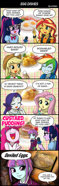 Size: 800x2500 | Tagged: safe, artist:uotapo, derpibooru import, applejack, fluttershy, pinkie pie, rainbow dash, rarity, sci-twi, sunny flare, sunset shimmer, twilight sparkle, equestria girls, equestria girls series, clothes, comic, cooking, crossover, crystal prep academy uniform, deviled eggs, dialogue, egg, eyes closed, eyeshadow, fallout, fallout 4, fallout: new vegas, fangirl, freckles, gamer girl, makeup, microphone, nerd, nose in the air, one eye closed, open mouth, pipboy, school uniform, smiling, speech bubble