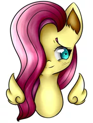 Size: 750x1000 | Tagged: safe, artist:doodlescribs, derpibooru import, fluttershy, pegasus, pony, blushing, bust, floating wings, hair over one eye, looking away, looking sideways, portrait, simple background, smiling, solo, white background, wings