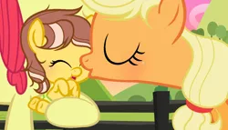 Size: 1166x668 | Tagged: safe, artist:velveagicsentryyt, derpibooru import, apple bloom, applejack, oc, oc:applemel, pony, baby, baby pony, kissing, offspring, older, older apple bloom, parent:applejack, parent:caramel, parents:carajack