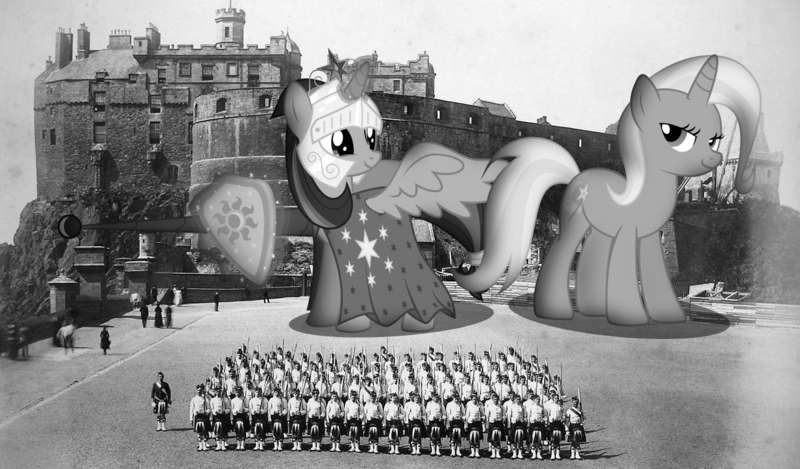 Size: 1225x718 | Tagged: safe, artist:somerandomminion, derpibooru import, trixie, twilight sparkle, twilight sparkle (alicorn), alicorn, human, pony, unicorn, armor, army, black and white, castle, city, clothes, dundee, giant pony, grayscale, irl, macro, mega trixie, megalight sparkle, monochrome, photo, ponies in real life, scotland, shield, spear, weapon