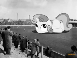 Size: 1024x768 | Tagged: safe, artist:somerandomminion, derpibooru import, sweetie belle, human, pony, unicorn, black and white, city, dundee, giant pony, grayscale, irl, macro, mega sweetie belle, monochrome, photo, ponies in real life, scotland, stadium