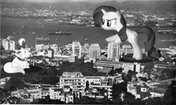 Size: 1257x751 | Tagged: safe, artist:somerandomminion, derpibooru import, opalescence, rarity, pony, unicorn, black and white, boat, building, city, dundee, giant pony, grayscale, irl, macro, mega rarity, monochrome, photo, ponies in real life, scotland