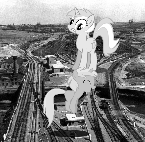 Size: 1024x1006 | Tagged: safe, artist:somerandomminion, derpibooru import, dinky hooves, lyra heartstrings, pony, unicorn, black and white, city, dundee, female, filly, giant lyra heartstrings, giant pony, grayscale, irl, jumping, macro, mega luna, mega lyra, monochrome, photo, ponies in real life, railroad, scotland