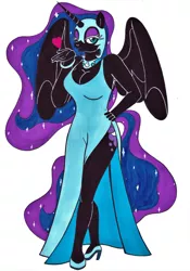 Size: 2450x3497 | Tagged: alicorn, anthro, artist:killerteddybear94, beautiful, beautisexy, blowing a kiss, breasts, busty nightmare moon, clothes, cutie mark, derpibooru import, dress, female, hand on hip, heart, high heels, mare, nicemare moon, nightmare moon, one eye closed, safe, sexy, shoes, side slit, sparkles, spread wings, stupid sexy nightmare moon, traditional art, wings, wink