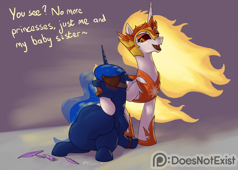 Size: 2000x1428 | Tagged: questionable, semi-grimdark, artist:theandymac, derpibooru import, daybreaker, princess luna, alicorn, pony, abdominal bulge, armor, blindfold, blushing, bondage, broken horn, death, digestion, drool, feather, fetish, horn, implied twilight sparkle, lunapred, open mouth, patreon, patreon logo, signature, stomach noise, unwilling predator, vore