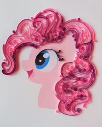 Size: 2813x3525 | Tagged: safe, artist:rzymonzpapieru, derpibooru import, pinkie pie, earth pony, pony, bust, craft, female, irl, mare, open mouth, paper, papercraft, photo, portrait, quilling, smiling, solo