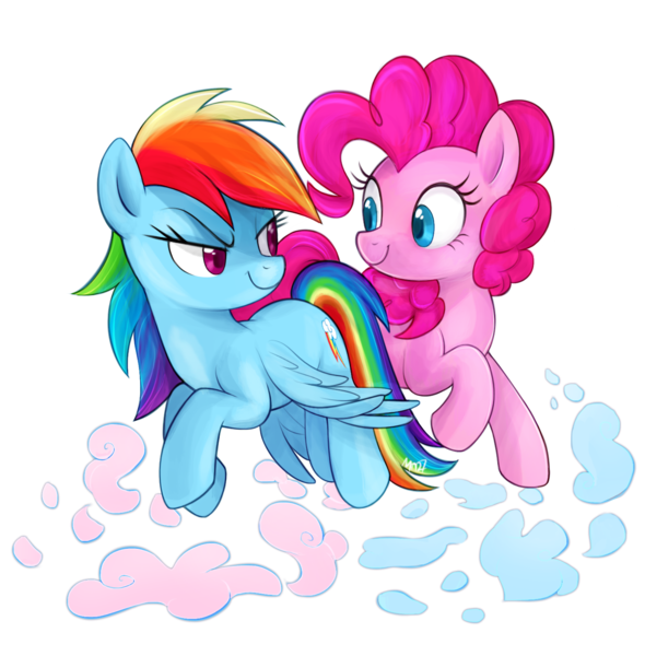 Size: 1280x1301 | Tagged: safe, artist:mn27, derpibooru import, pinkie pie, rainbow dash, earth pony, pegasus, pony, duo, female, lesbian, looking at each other, mare, pinkiedash, shipping, signature, simple background, smiling, spread wings, white background, wings