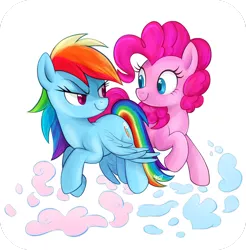Size: 1280x1301 | Tagged: safe, artist:mn27, derpibooru import, pinkie pie, rainbow dash, earth pony, pegasus, pony, duo, female, lesbian, looking at each other, mare, pinkiedash, shipping, signature, simple background, smiling, spread wings, white background, wings