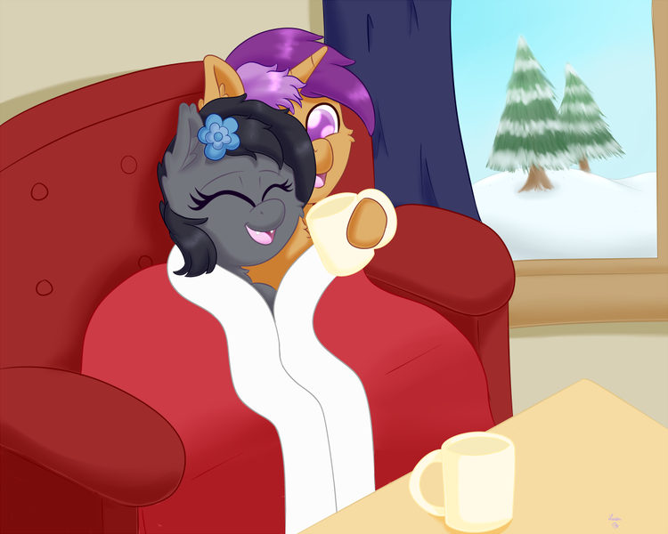 Size: 1000x800 | Tagged: safe, artist:luciusheart, derpibooru import, oc, oc:seachell, oc:sharkbutt, unofficial characters only, bat pony, pony, unicorn, blanket, couch, cuddling, cute, female, male, mare, mug, open mouth, sharkchell, smiling, snuggling, stallion, weapons-grade cute, winter