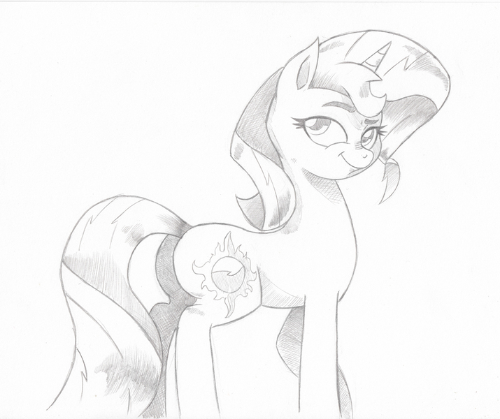 Size: 1005x843 | Tagged: safe, artist:saturdaymorningproj, derpibooru import, sunset shimmer, pony, unicorn, female, looking at you, mare, monochrome, pencil drawing, smiling, smug, solo, traditional art